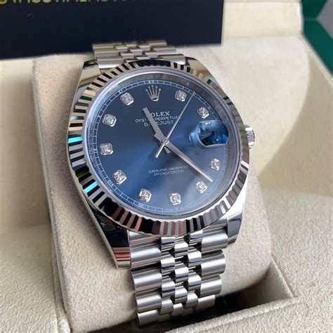 silver rolex with blue face and diamonds|rolex datejust 41 blue diamond.